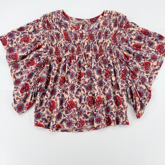 Free People Ruffled Up Printed Smocked Boho Top Linen Blend S - Picture 3 of 12